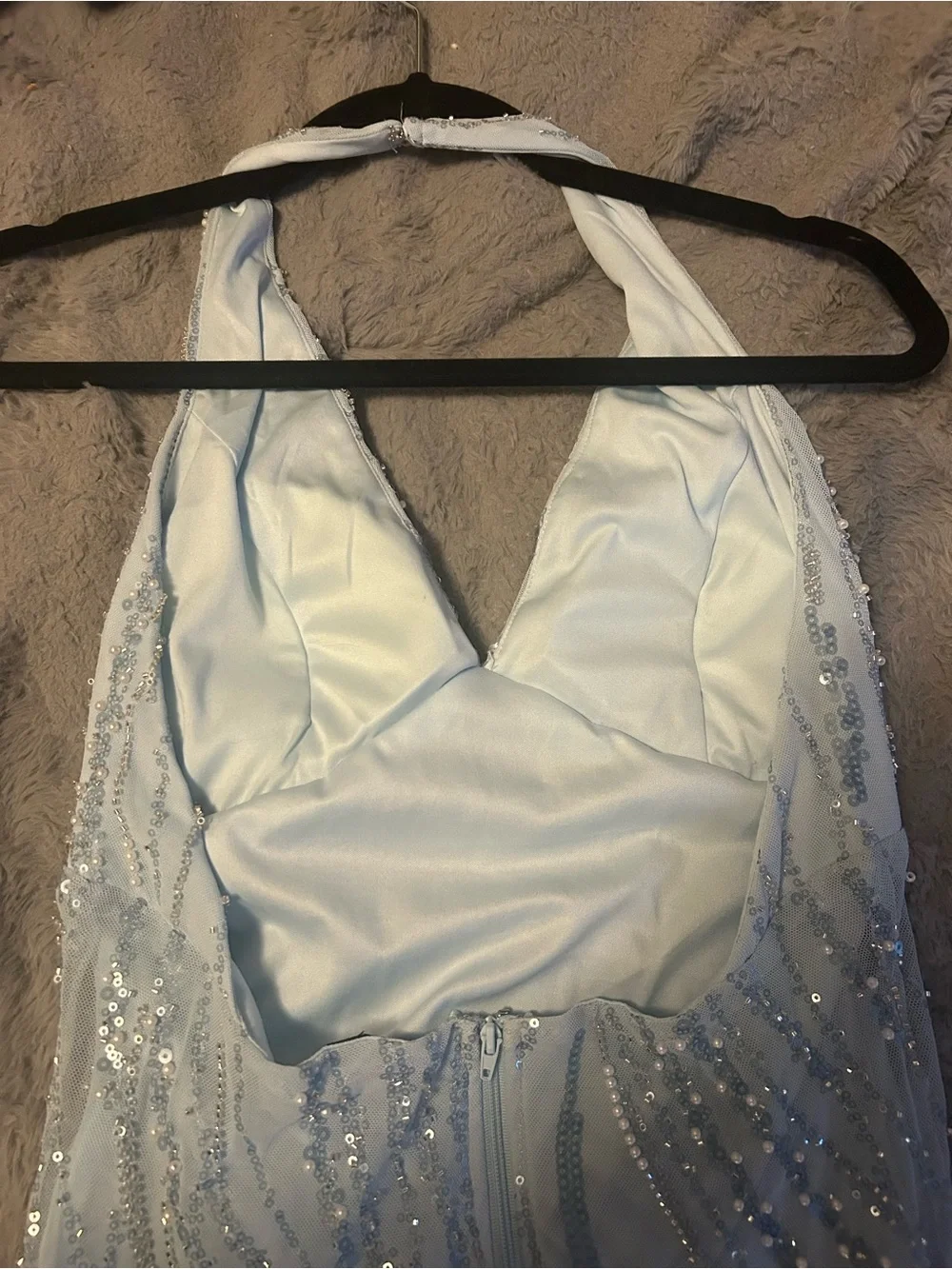 Light Blue Beaded Halter Prom Maxi Dress